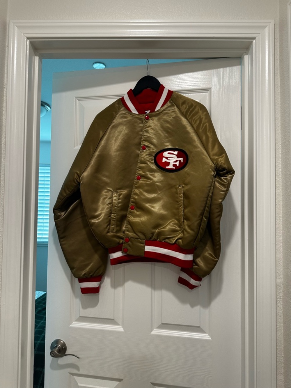 Olive and Red Satin Bomber Jacket with Team Crest